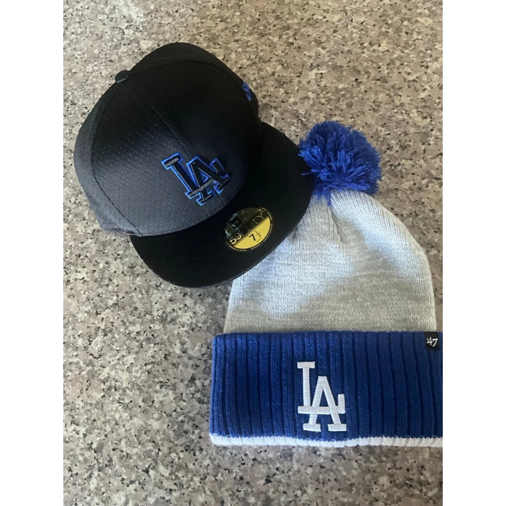 Los Angeles Dodgers 5 fitted cap and a blue and grey beanie